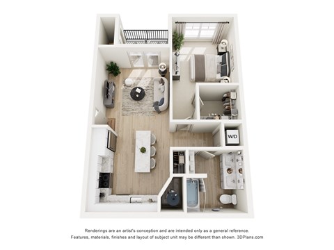 Floor plan for 1 bed, 1 bath, 769 sqft
